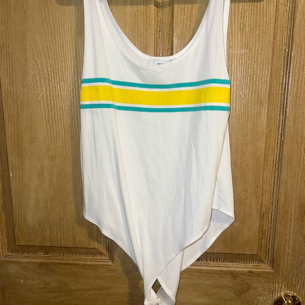 Forever 21 White Tank Bodysuit with Yellow and Teal Stripes
